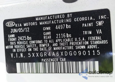 2013 Kia Optima Sx z USA, uszkodzony, nr VIN 5XXGR4A6XDG090115